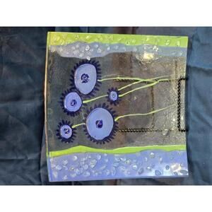 Eterno Handmade Decorative Fused Glass Plate with Blue Floral Design